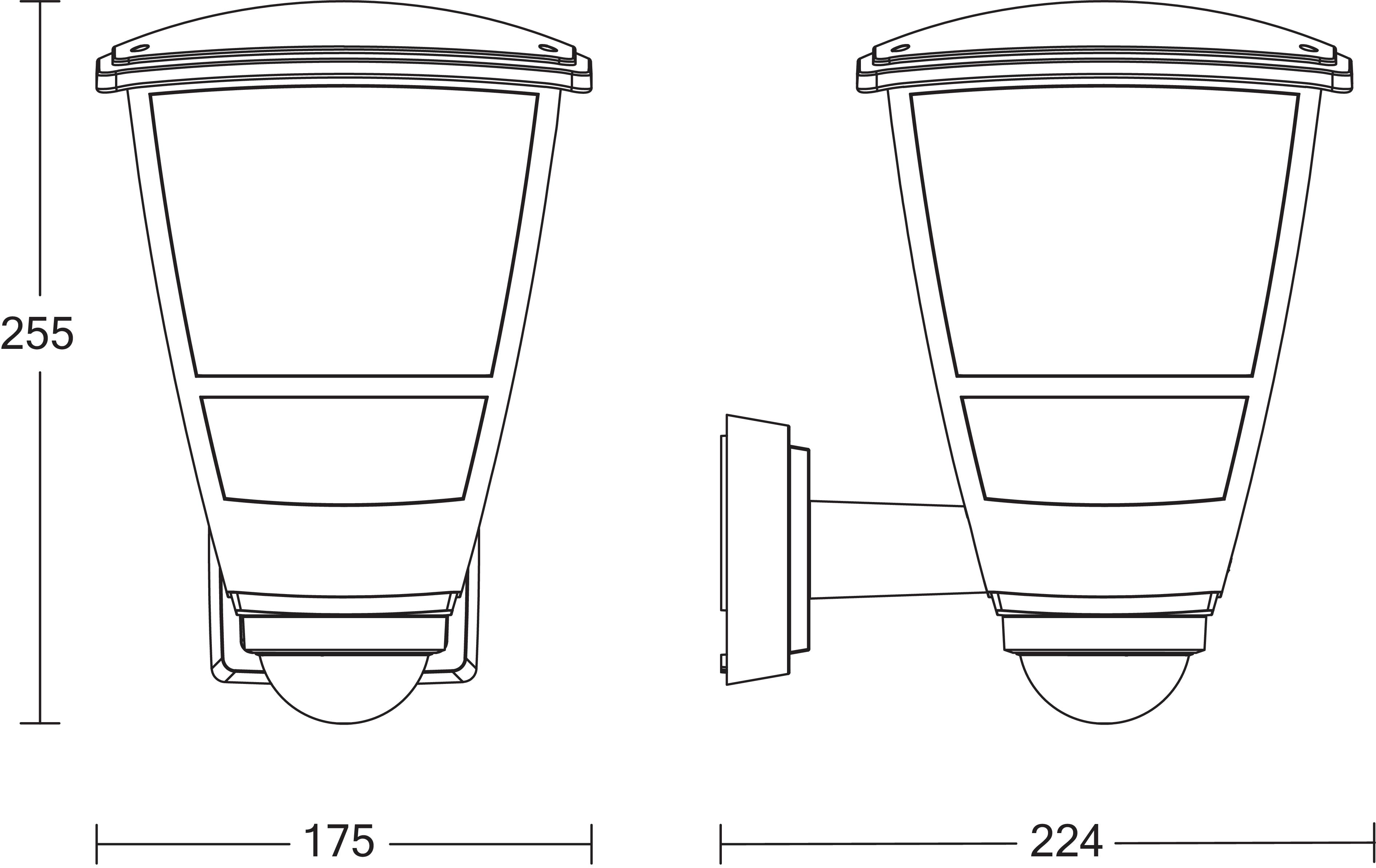 Teknisk ritning av en utomhusbelysning: Front- och sidovy med dimensioner. Höjd: 255 mm, bredd: 175 mm, djup: 224 mm.