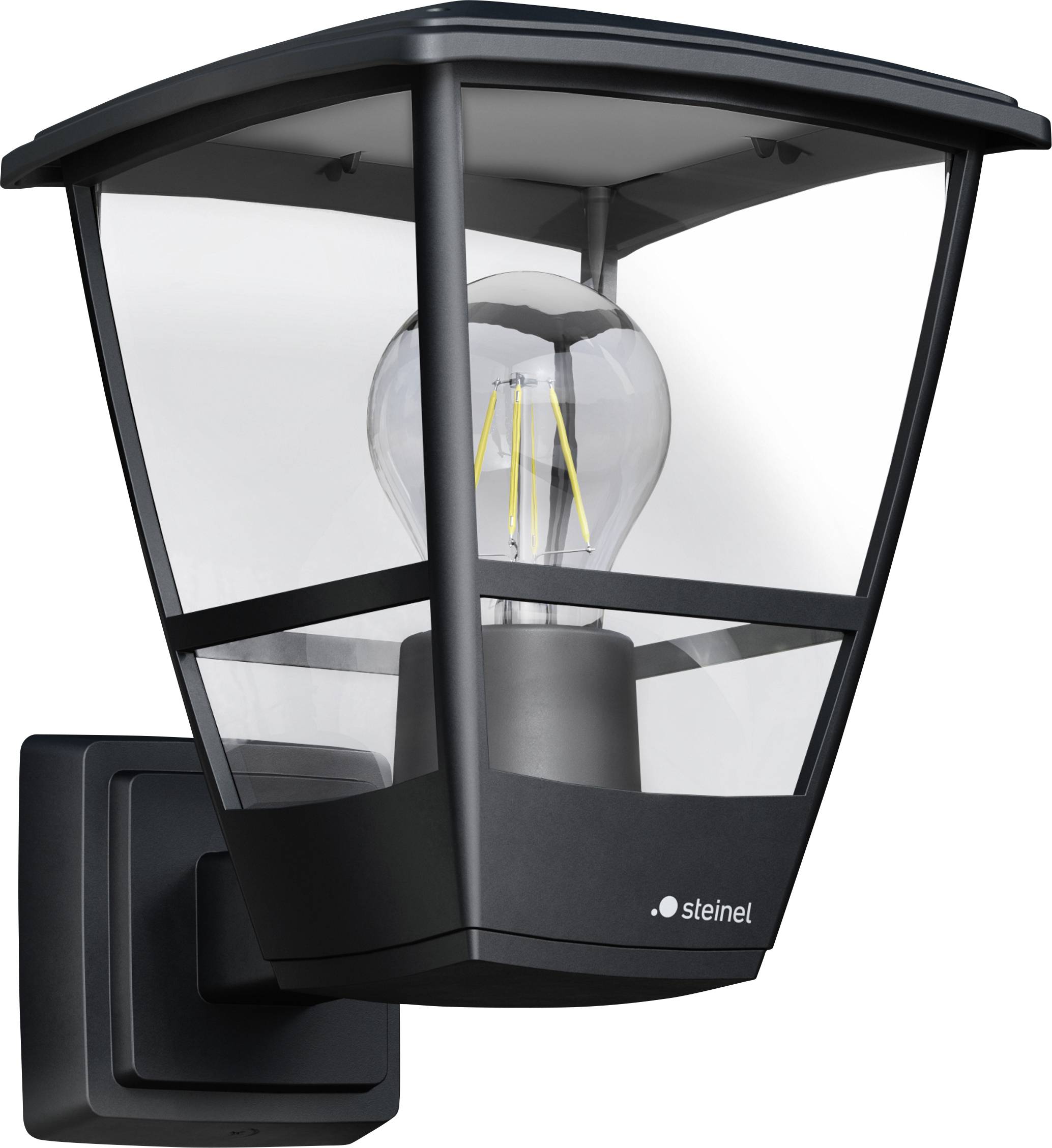 Svart utomhusvägglykta med klara glaspaneler och exponerad glödlampa, monterad på en fyrkantig väggbas.
