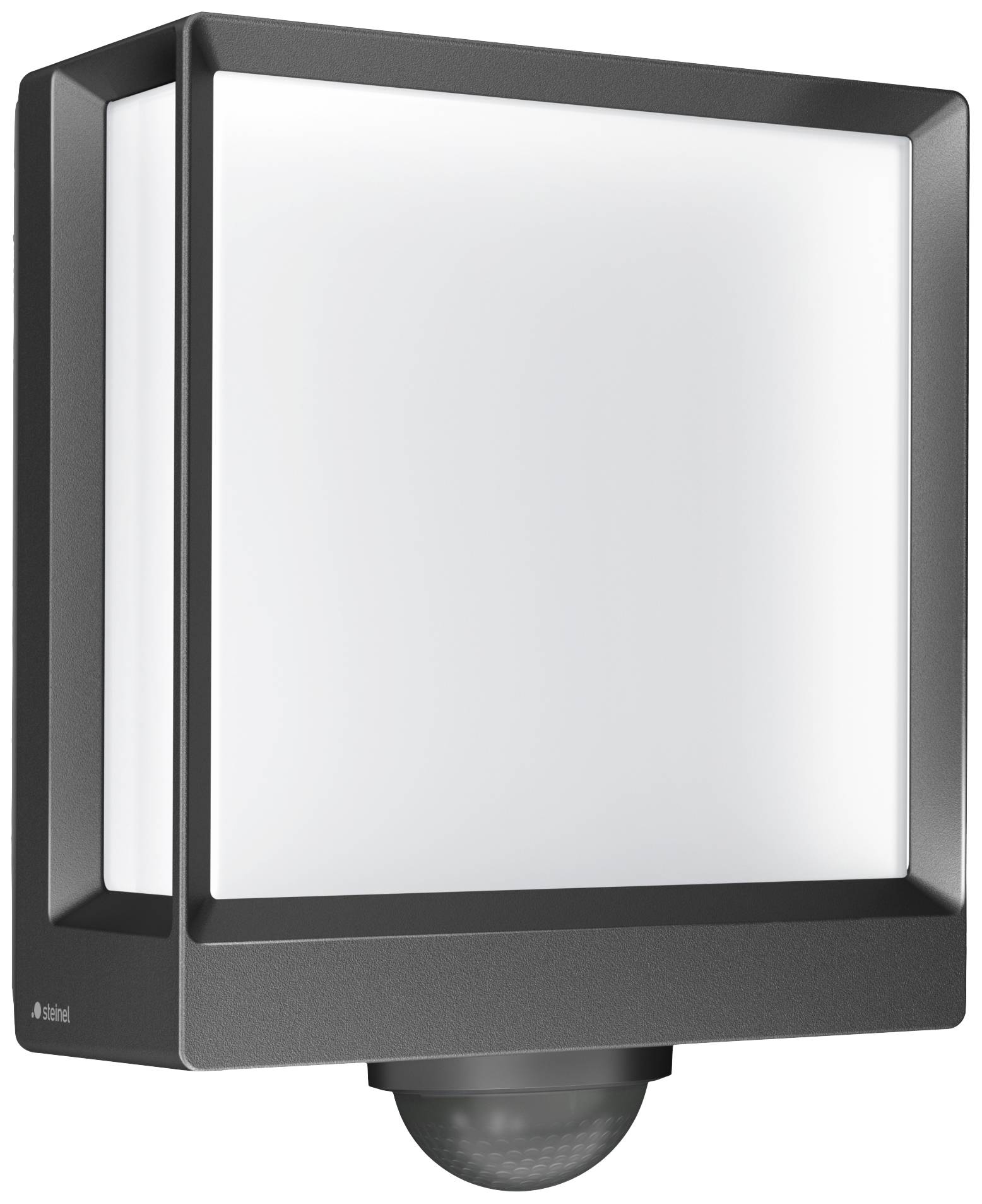 Modern rektangulär utomhuslampa med rörelsesensor under. Svart ram, vit lysande yta.