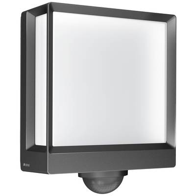 Modern rektangulär utomhuslampa med rörelsesensor under. Svart ram, vit lysande yta.