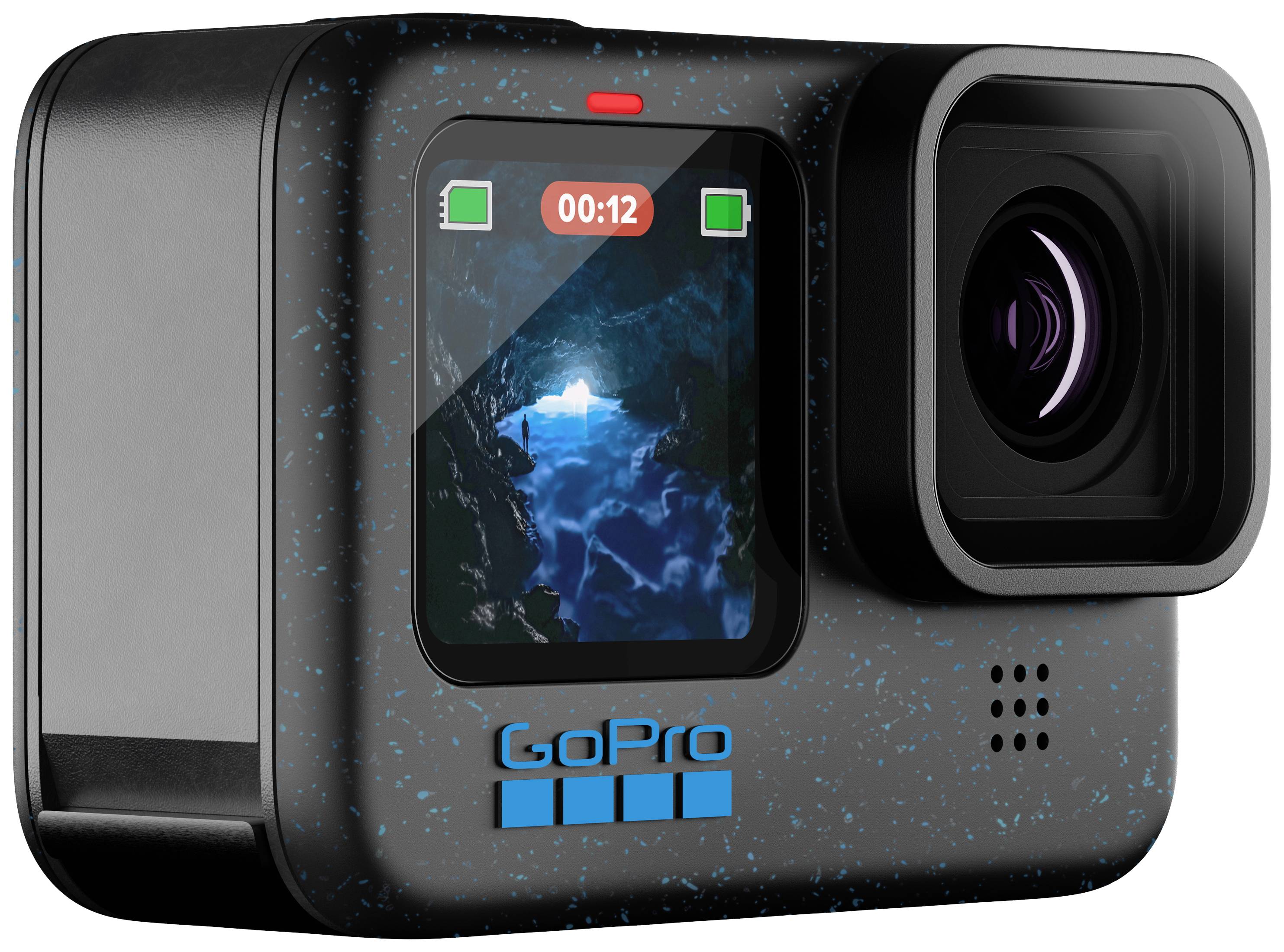 En svart actionkamera med display visar en grottbild. På skärmen står '00:12'. GoPro-kamera med blått logo.