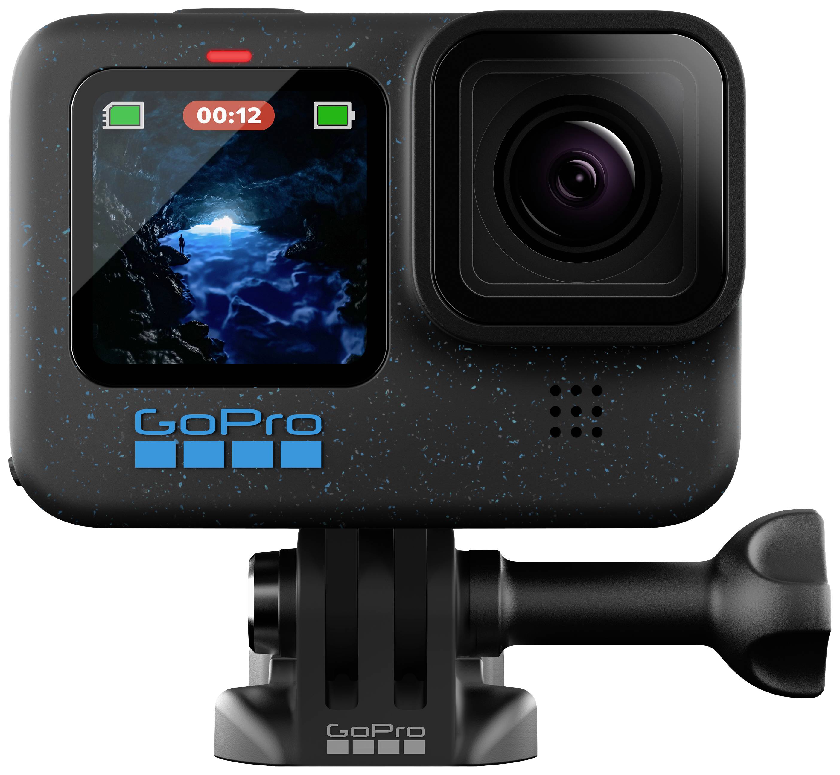 GoPro-kamera med display som visar en inspelning i en mörk grotta. Brett objektivomfång; lämplig för utomhusäventyr.