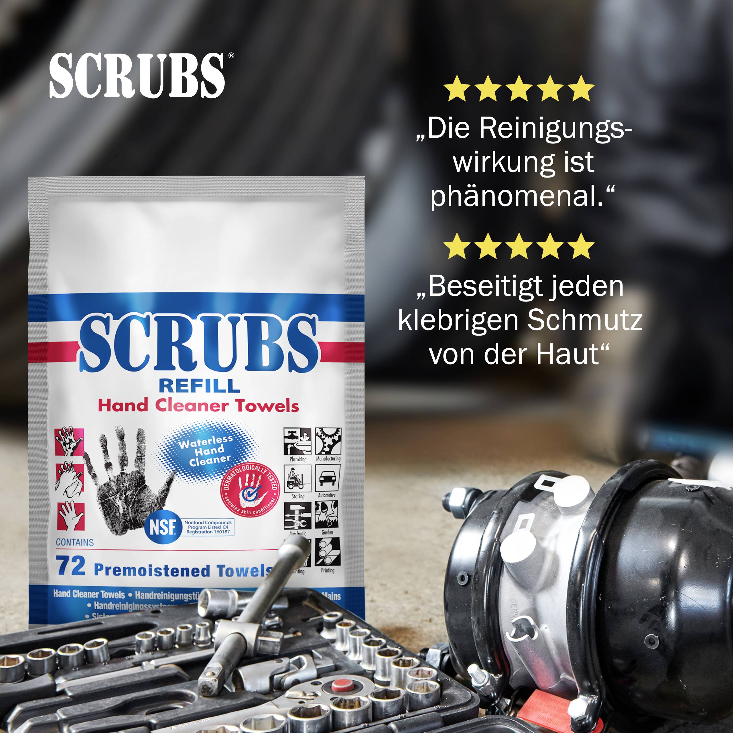 'SCRUBS Handtvättdukar' förpackning bredvid bilskruvar och oljefläck. Citat: 'Rengöringseffekten är fenomenal.' 'Tar bort smuts snabbt.'