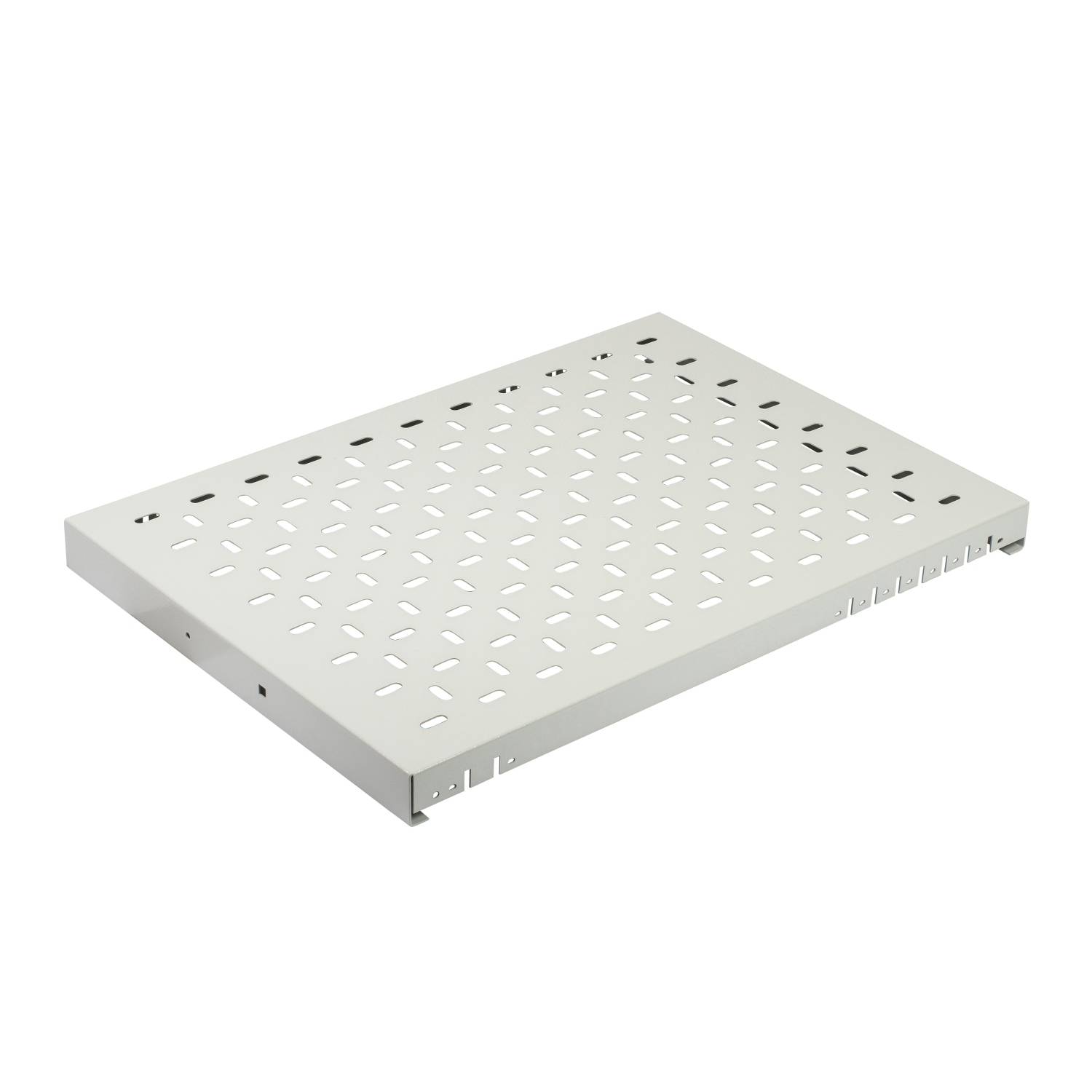 Ett rektangulärt, perforerat metallbricka med små ventilationshål och flera monteringsmöjligheter längs sidorna.