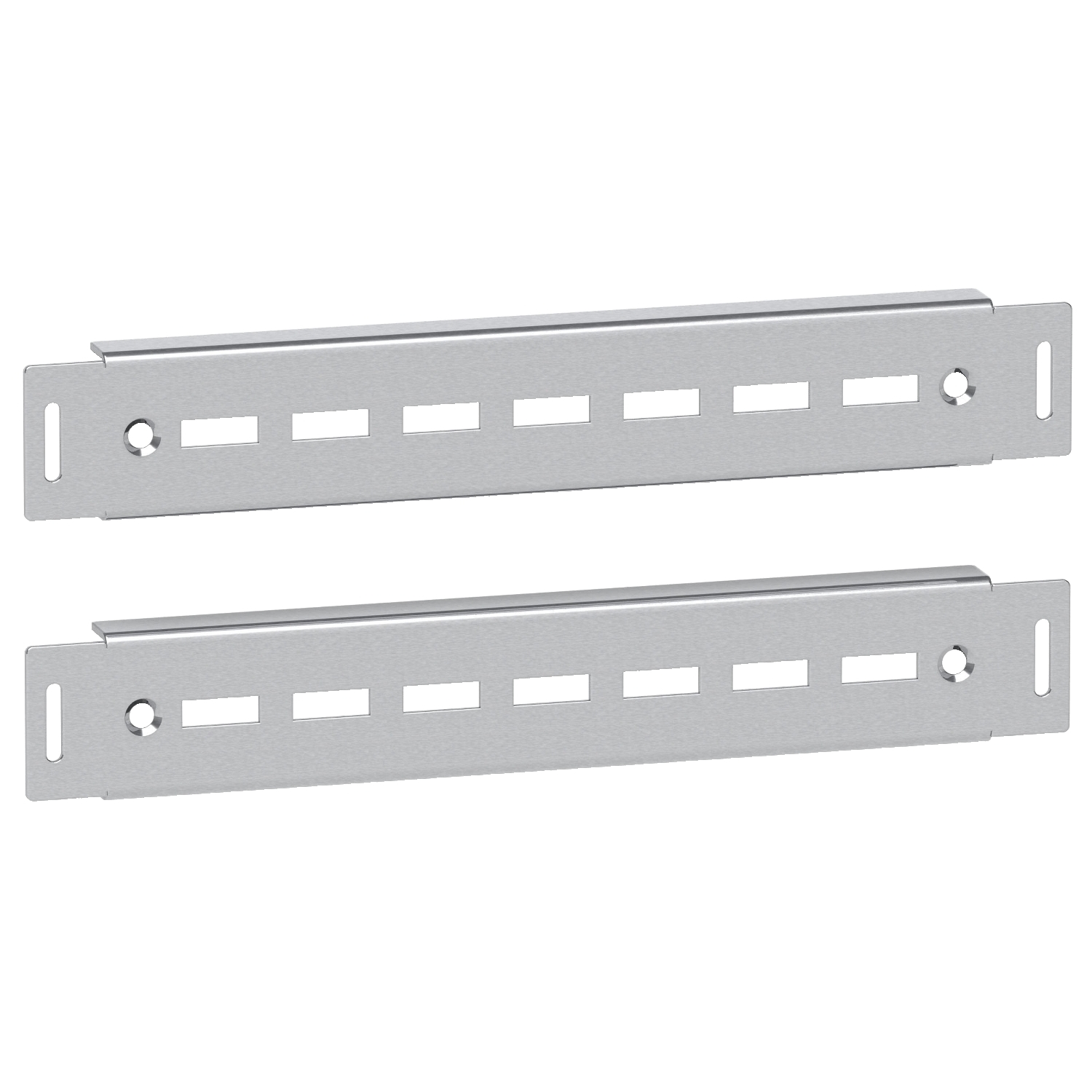 Två silverfärgade rack-paneler med springor och monteringshål, visade i en horisontell orientering.
