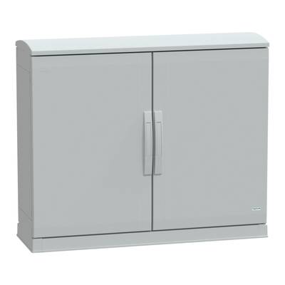 Grå, tvådelad fördelningsbox med slät yta. Lämplig för utomhusinstallation av elektriska anslutningar.