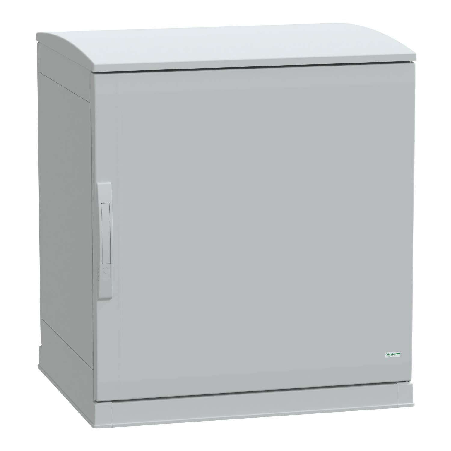 En grå metallskåp med ett enkelt design, lämplig för förvaring eller som fördelningsskåp utomhus.