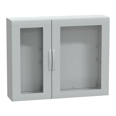 Grå rektangulär metallskåp med två transparenta dörrar och ett handtag i mitten; används för förvaring eller skydd.