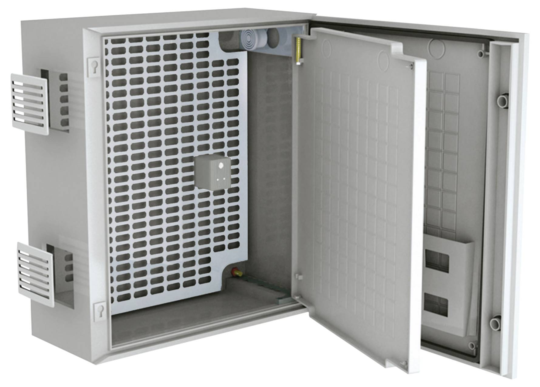 En öppen grå elektrisk kapsling med ventilationsspringa och en perforerad innerpanel, lämplig för förvaring av elektroniska komponenter.