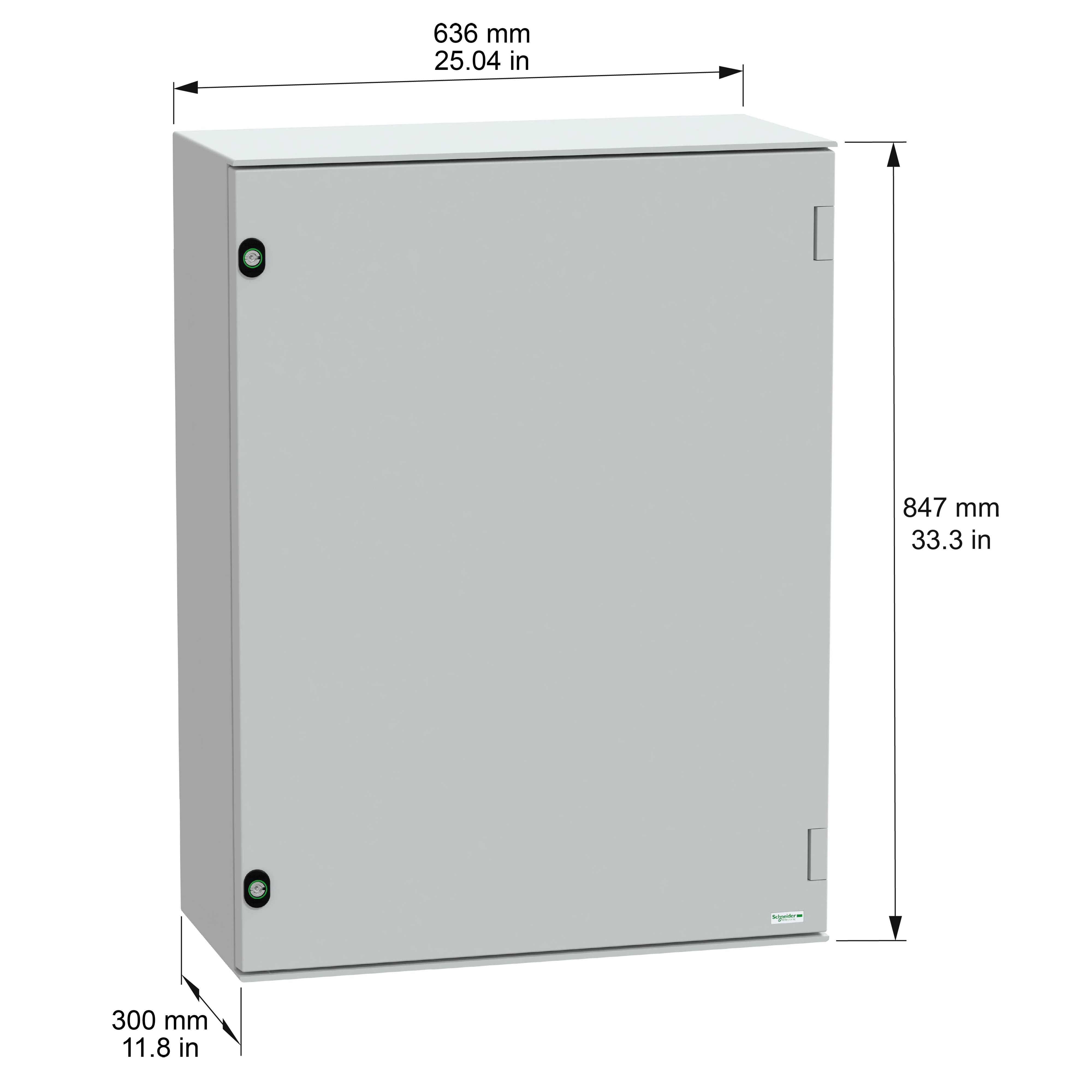 Elskåp med dimensioner: bredd 636 mm (25,04 tum), höjd 847 mm (33,3 tum), djup 300 mm (11,8 tum).