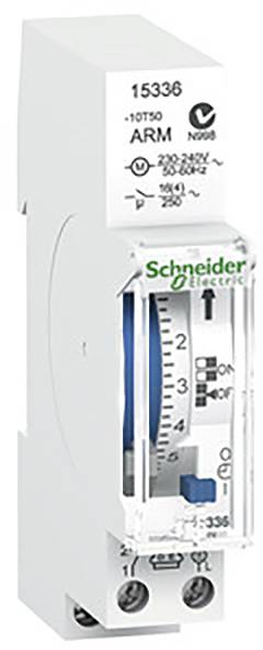 En vit elektrisk tidur från Schneider Electric, modellnummer 15336, visar en 24-timmars inställning med pilar och symboler.