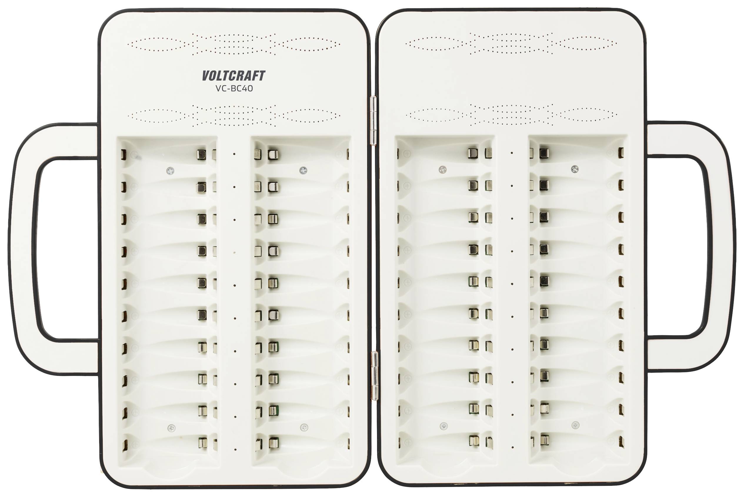 Två batteriladdare placerade bredvid varandra, var och en med tjugo platser för AA-batterier, märkta med 'Voltcraft VC-BC40'.