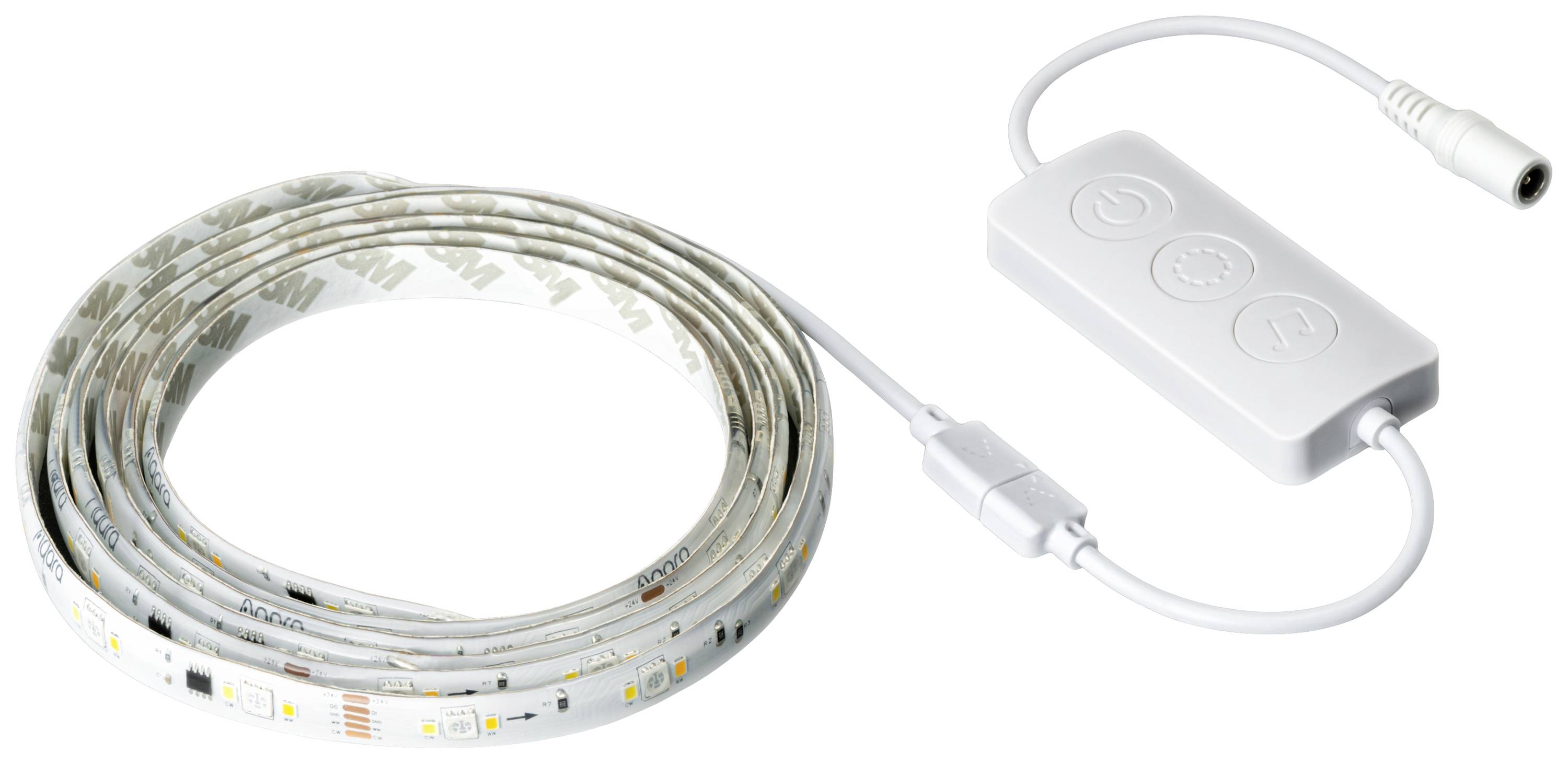 Ett ihopvecklat LED-ljusband med styrenhet och kabel, perfekt för stämningsfull belysning inomhus.