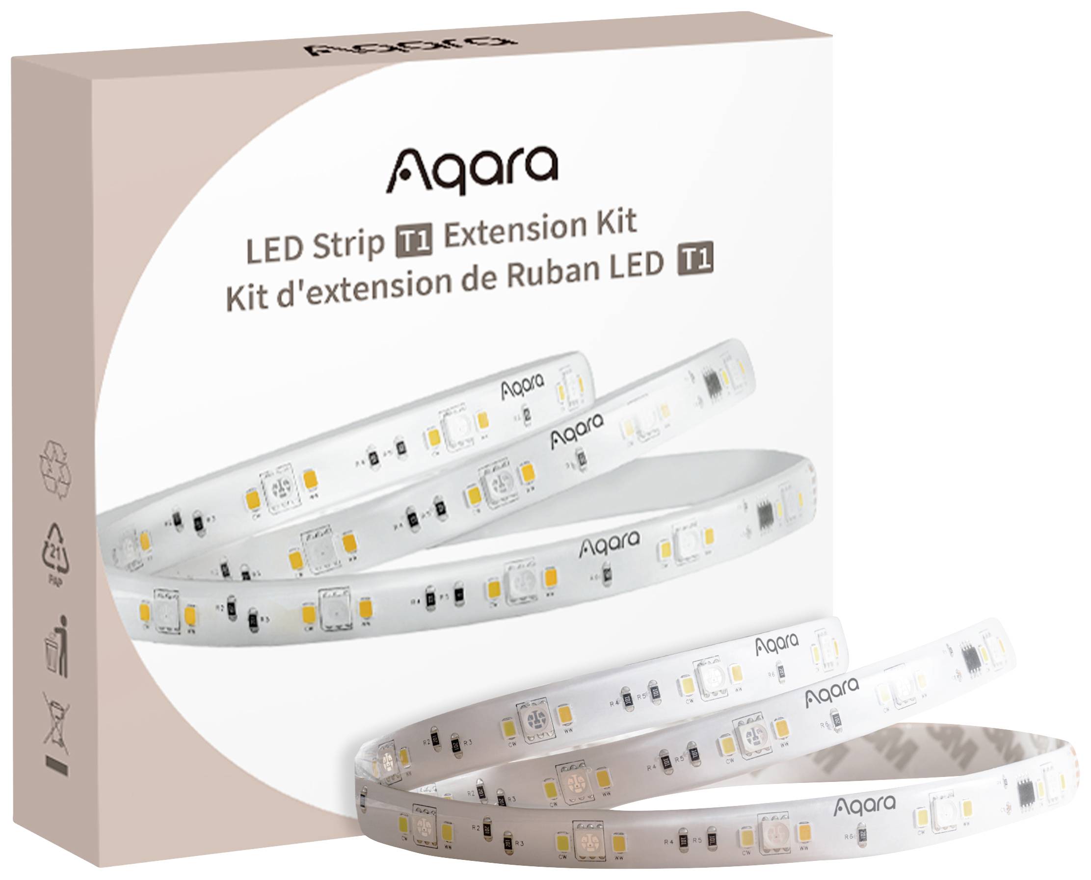 Förpackning till ett Aqara LED Strip T1 expansionsset, visar ett flexibelt LED-band och är märkt på flera språk.