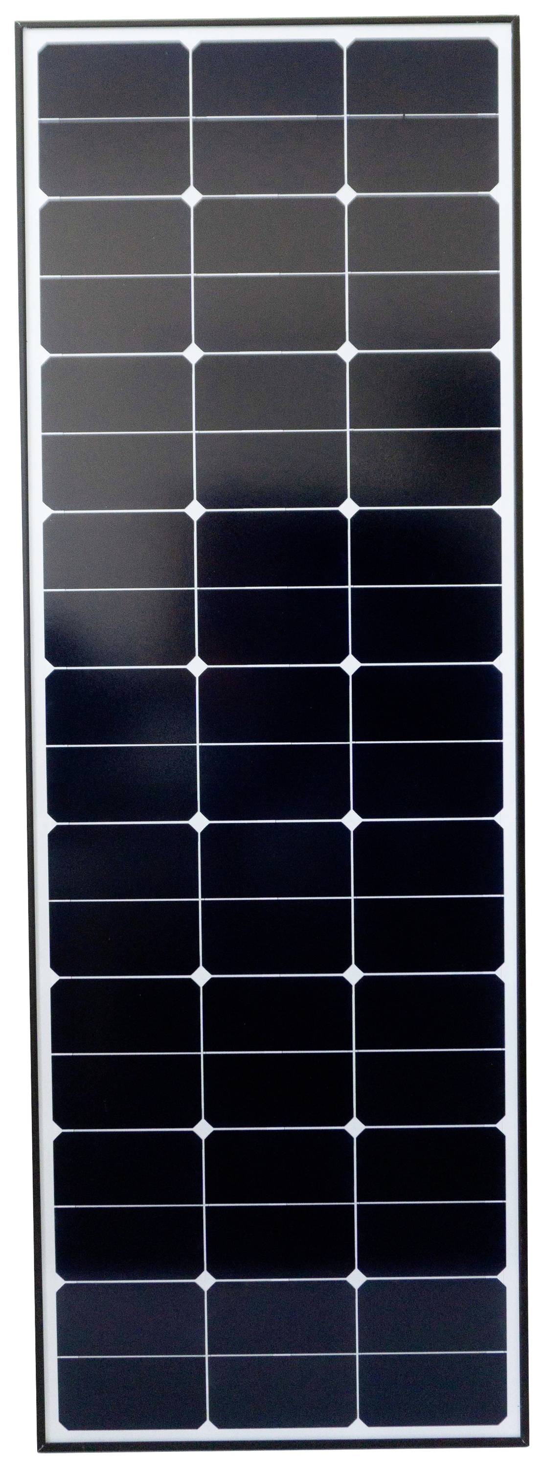Solarpanel med 32 rektangulära, mörka celler i silverfärgad ram.