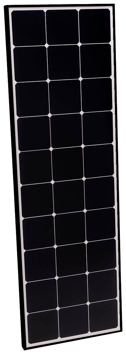 En rektangulär solarpanel bestående av flera lika stora, mörka solceller i en metallram.