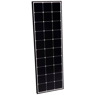En rektangulär solarpanel bestående av flera lika stora, mörka solceller i en metallram.