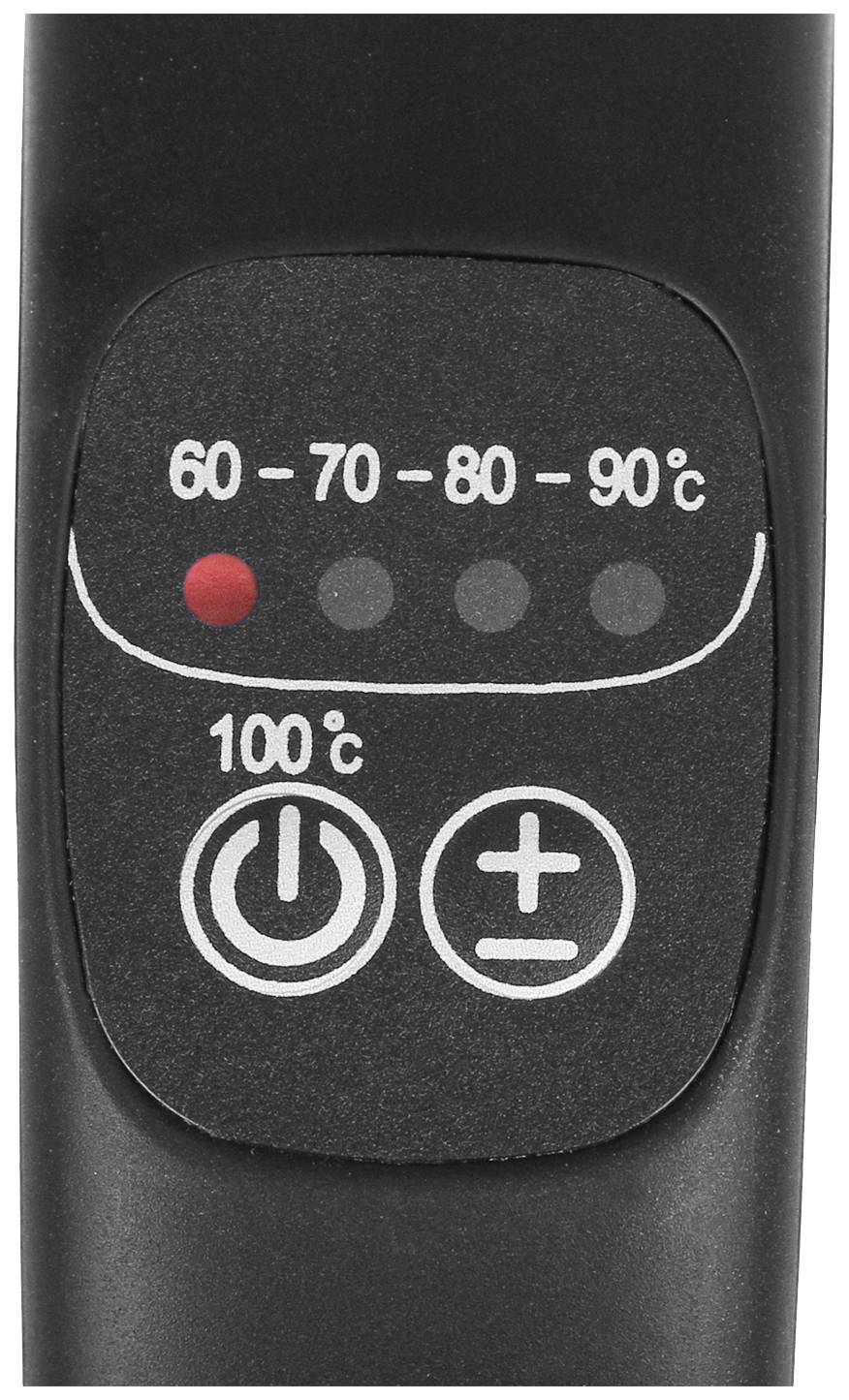 Elektrisk display med temperaturnivåer från 60 till 100 grader Celsius, en röd punkt vid 60 grader och knappar för På/Av och Plus.
