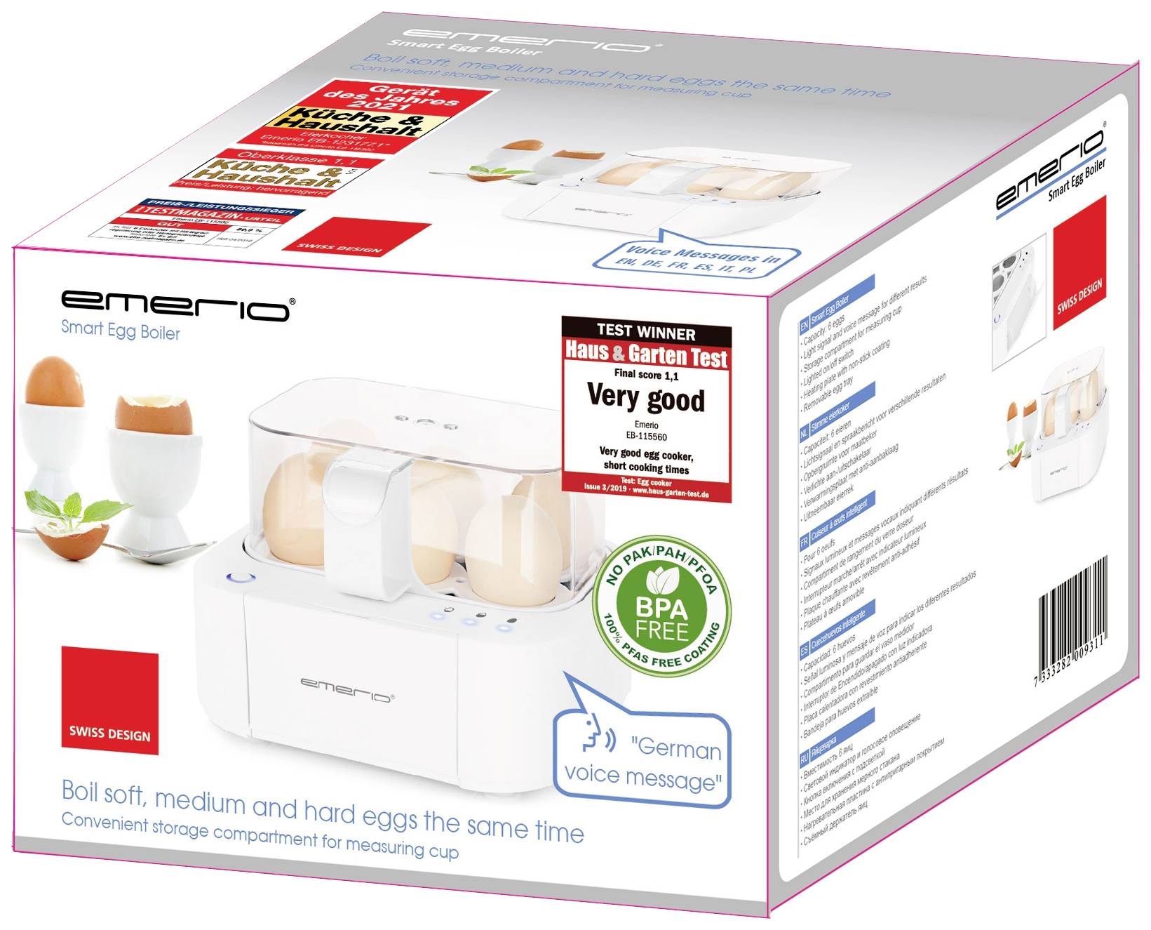 Förpackning till en äggkokare med flera ägg, tillverkarnamn och olika utmärkelser på framsidan.