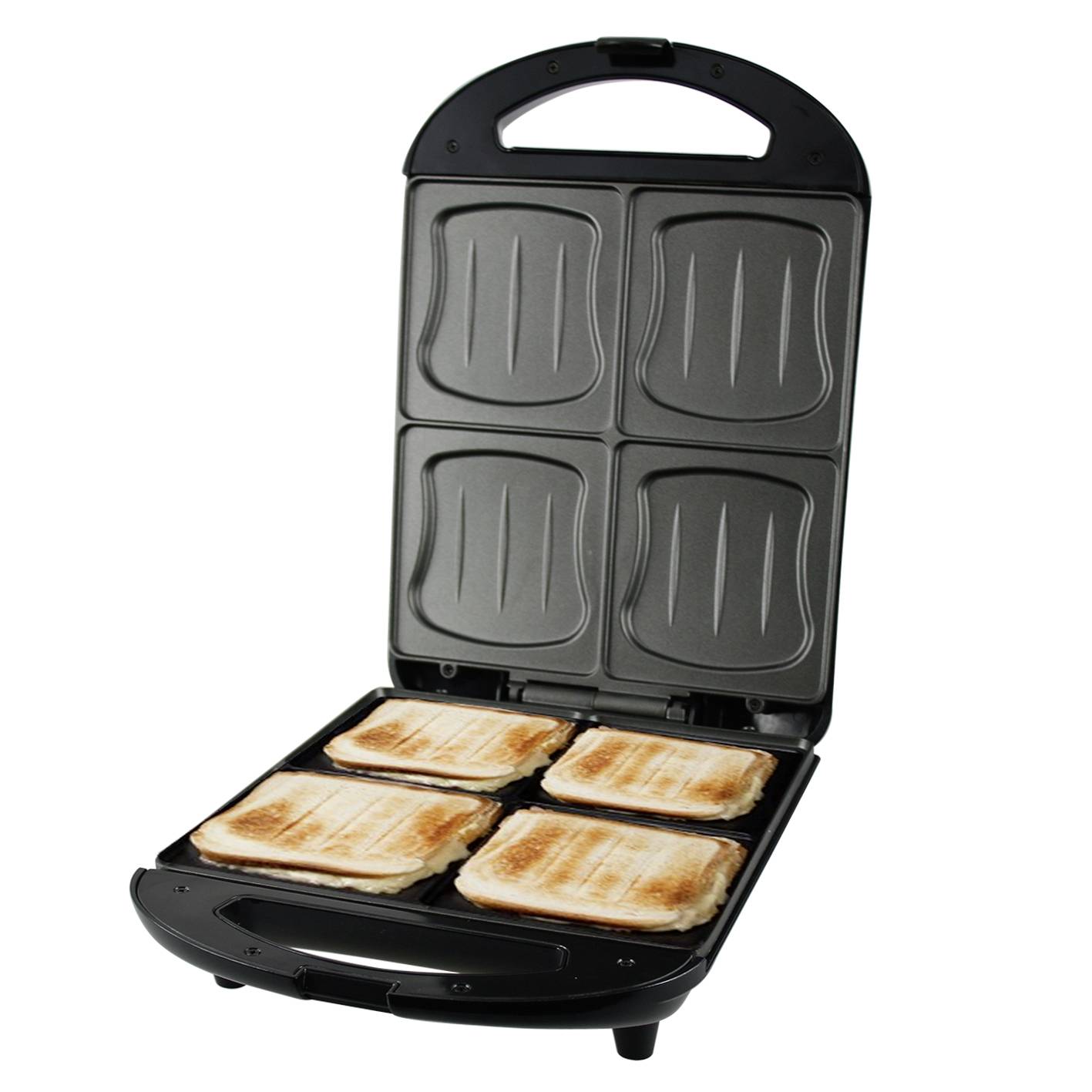 En öppen smörgåsgrill med fyra grillade mackor fördelade på två plattor. Perfekt för att rosta flera mackor samtidigt.