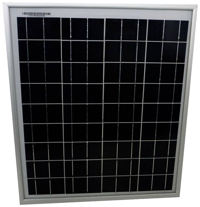 Ett rektangulärt solmodul med mörkblå celler i en silvrig ram.