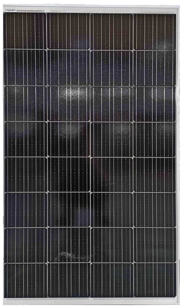 Solarpanel med rektangulära, mörkblå celler som åtskiljs av tunna, vita linjer mot en vit bakgrund.