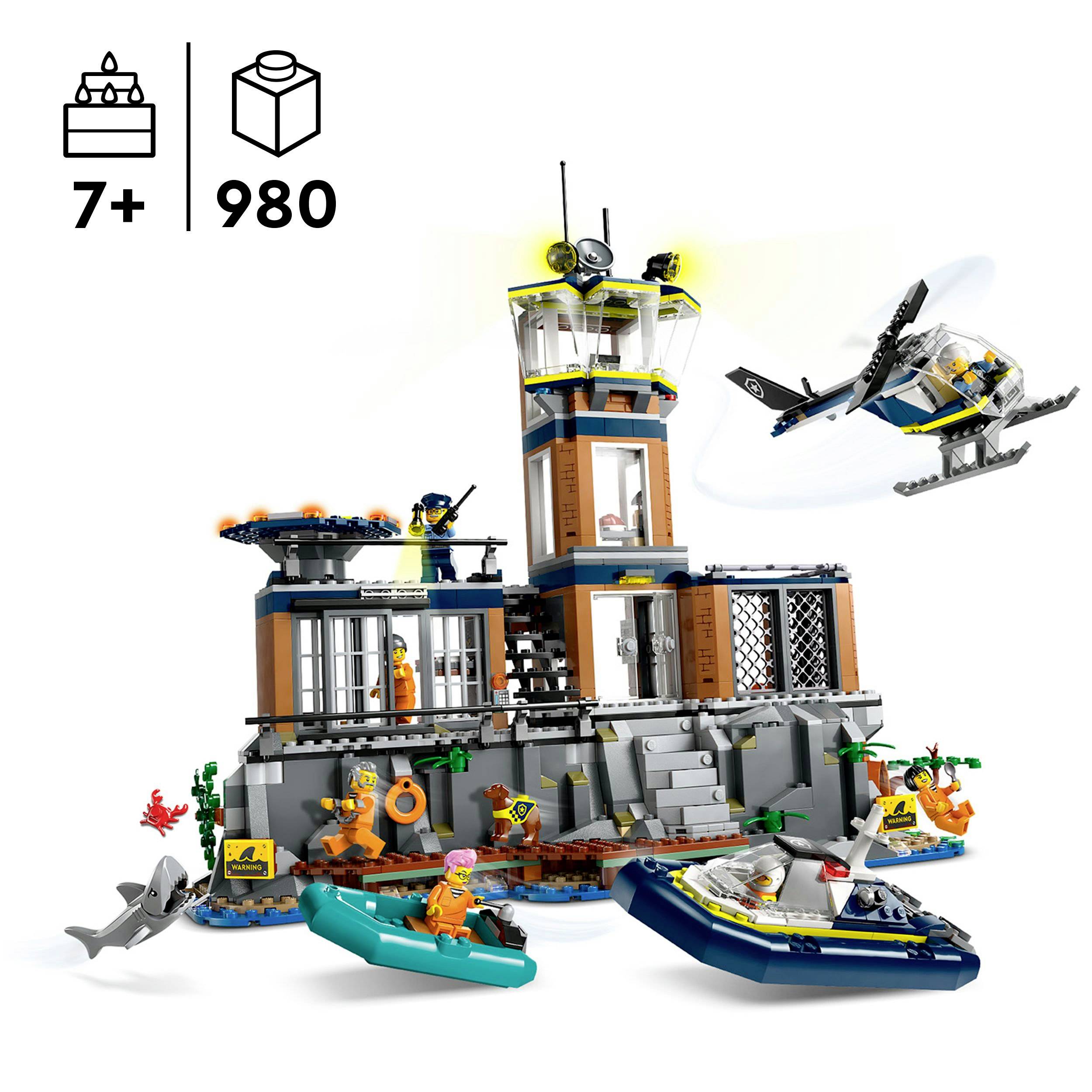 LEGO-byggsats för barn från 7 år med 980 delar; innehåller en helikopter, en båt, en kajak samt en kustbyggnad med torn.