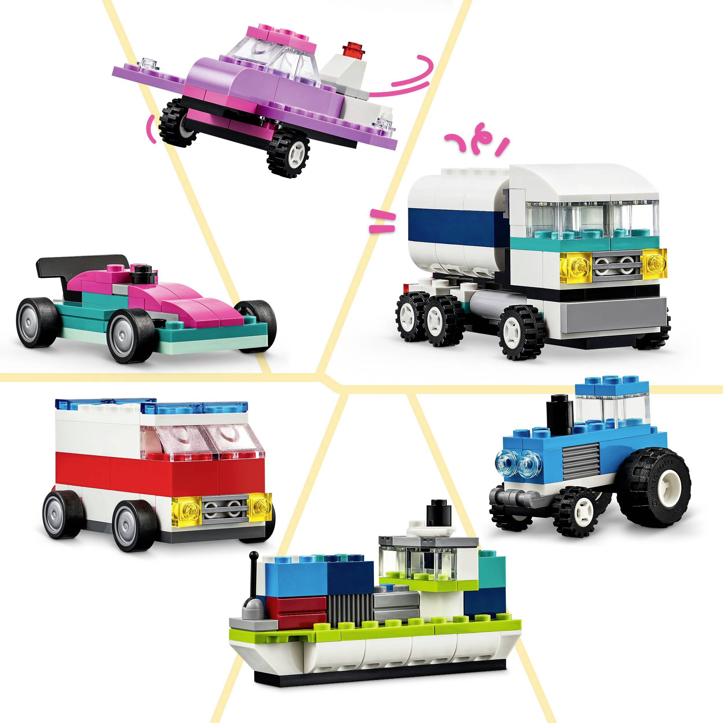 Olika färgglada leksaksbilar gjorda av LEGO-bitar, inklusive en rosa cabriolet, en Formel 1-bil, en lastbil, en traktor och en polisbil.