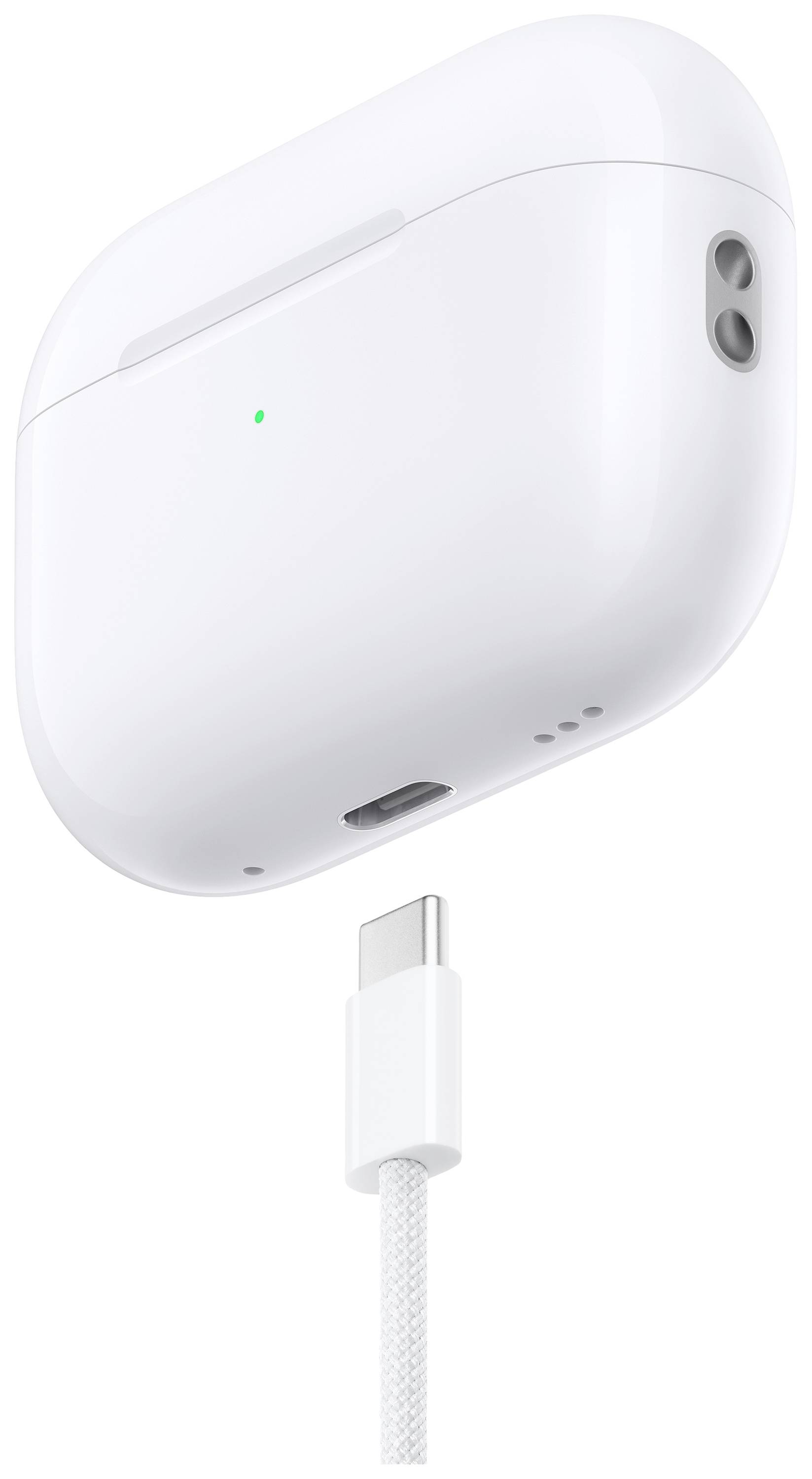 Trådlöst hörlursfodralt i vitt med laddindikatordiod, med ett USB-C-laddningskabel under.