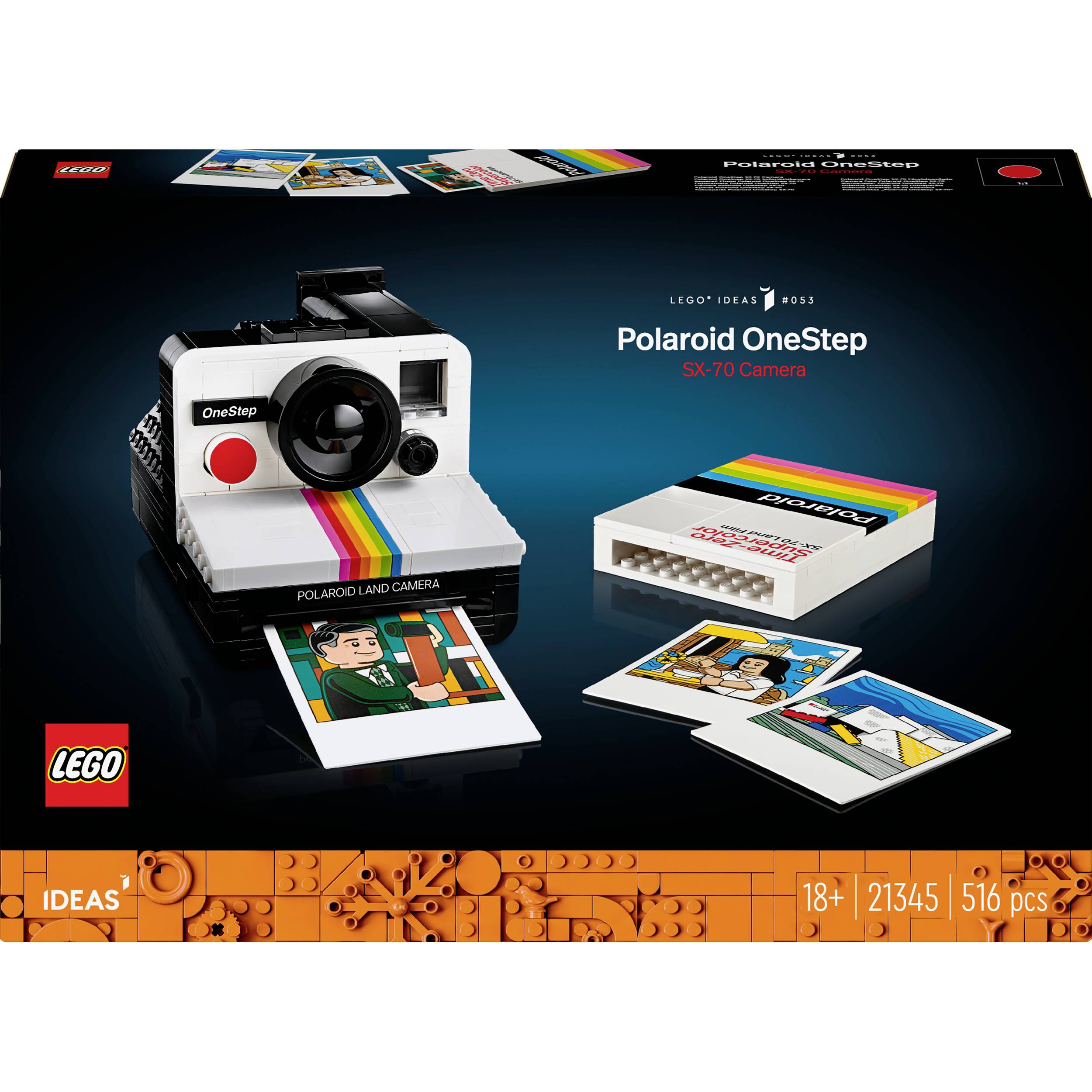 LEGO-set för vuxna: Polaroid OneStep SX-70 kamera-replik med 516 delar. Lämplig från 18 år. Innehåller miniatyrfoton.