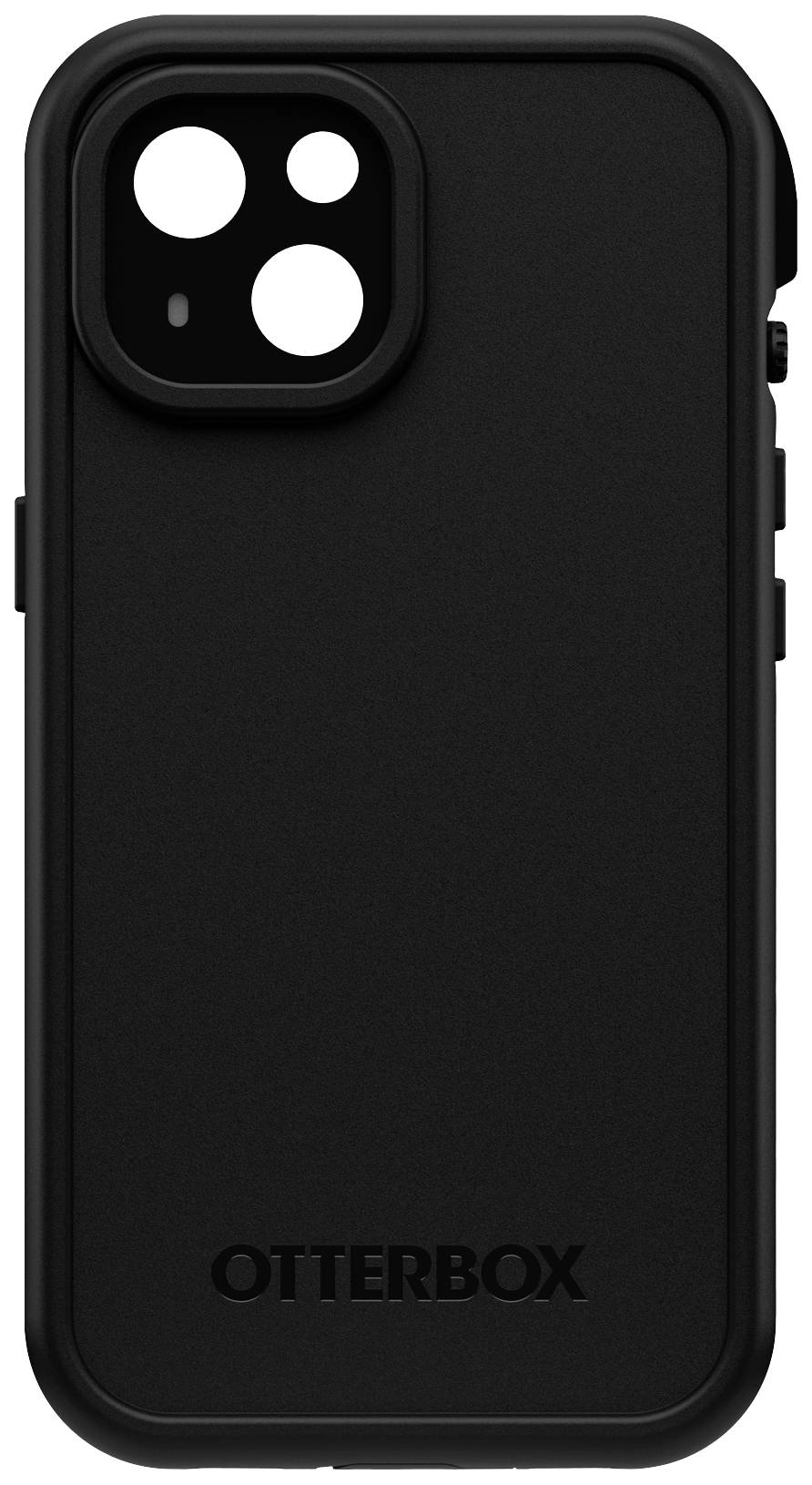 Svart mobilfodral, passar till en smartphone med två kameraöppningar, varumärkesnamnet 'Otterbox' längst ner på baksidan.
