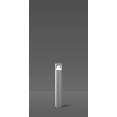 Grå cylindrisk ytterbelysningsstolpe med transparent, pyramidformad belysningsenhet mot grå bakgrund.
