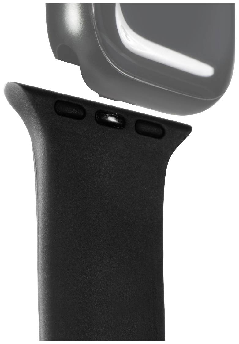 En närbild visar slutet av ett svart armband som ansluter till ett klockhölje.