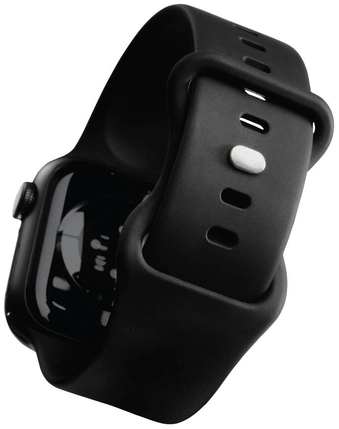 Svart smartwatch med avrundat kvadratiskt display och svart armband, lätt vinklat.