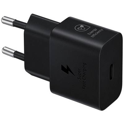 Svart USB-laddare med två runda kontakter. Påskrift: 'Super Fast Charging'. Symboler visar energieffektivitet.