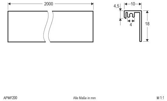 Teknisk ritning av en 2000 mm bred panel med en centrerad vågformad söm; infällt diagram visar L-formad profildimensioner i mm: 10 bred, 18 hög, 4,5 och 4 inre mätningar.