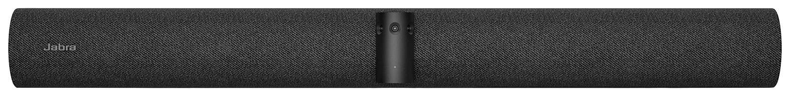 Bilden visar en svart soundbar med ett diskret högtalaredesign. I vänstra kanten syns logotypen 'Jabra' i liten text.