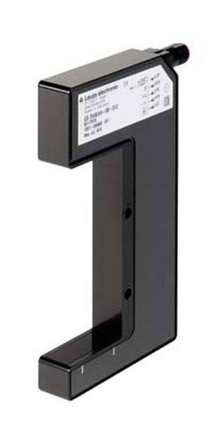 Sensor i C-form i mörk färg, sannolikt optoelektronisk, med kabelanslutning upptill. Används för att detektera objekt.
