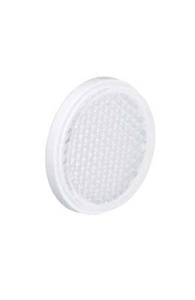 En rund LED-lampa med vitt hölje och texturerad yta, lämplig för tak- eller väggmontering inomhus.