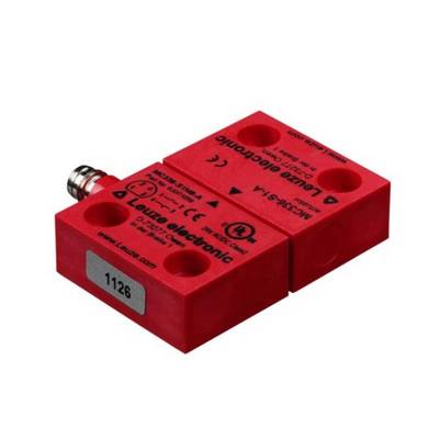 Röd säkerhetsbrytare med texten 'Leuze electronic', modellnummer 1126, för industriella tillämpningar.