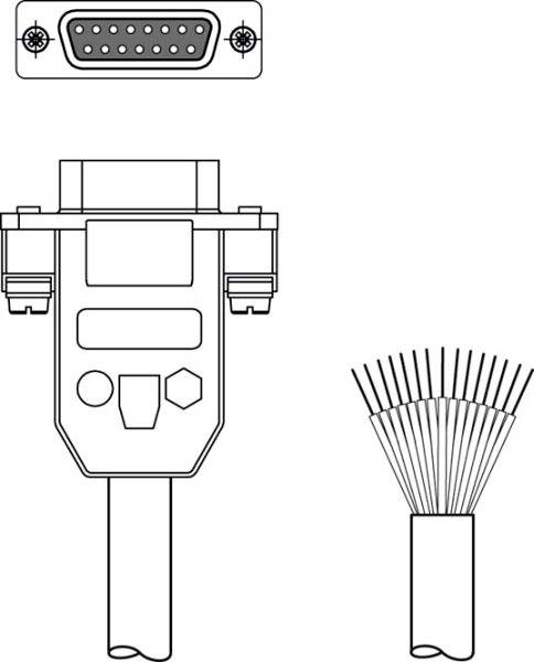 Diagrammet visar en VGA-kontakt med 15 stift, ett kontaktdon och trådar som möjliggör överföring av analoga videosignaler.