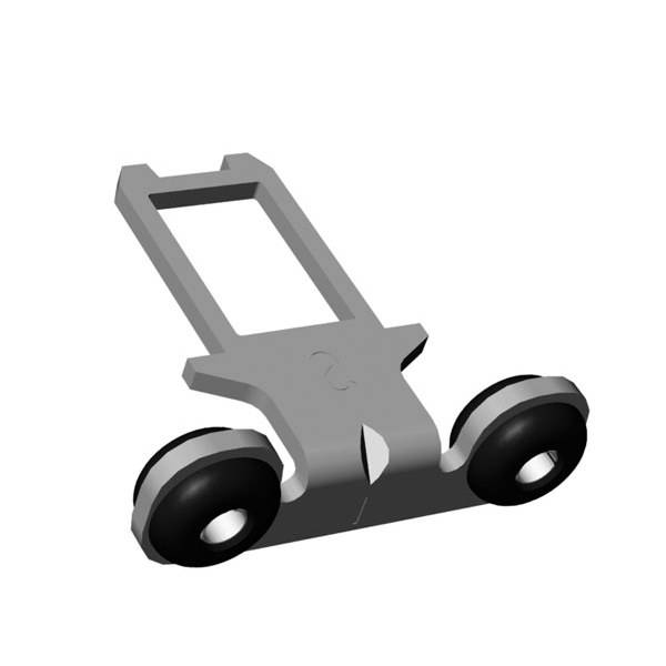 Ett grått, L-format plastdelstycke med två svarta hjul vid hörnen. Används för fästning eller som ett styrande element.