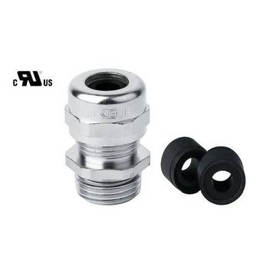 En silverfärgad kabelförskruvning med två svarta tätningar bredvid, lämplig för kabelgenomföring och tätning, med 'cURus'-logotyp.