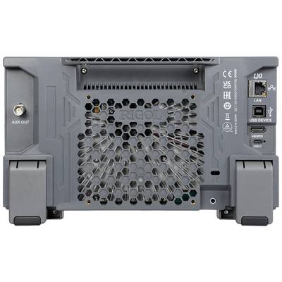 Baksidesvy av en elektronisk enhet med anslutningar för AUX UT, LAN, USB-enhet, HDMI och USB-C. Ventilationsgaller i mitten.
