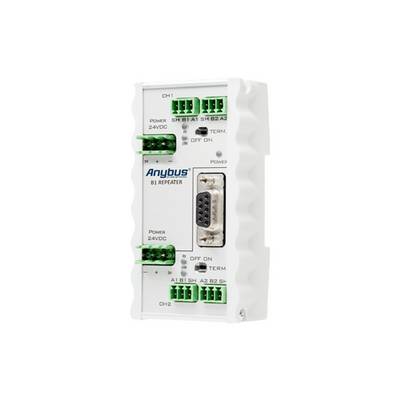 En rektangulär elektronisk enhet med trycket 'Anybus X1 Repeater' och gröna anslutningsklämmor på sidorna.