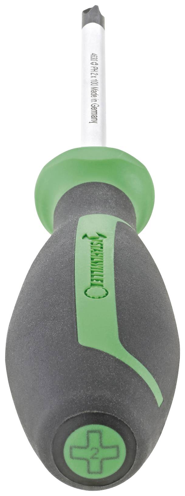 Grå skruvmejsel med grönt handtag. Spetsen är flat och passar för spårskruvar. Handtaget har en ergonomisk form.