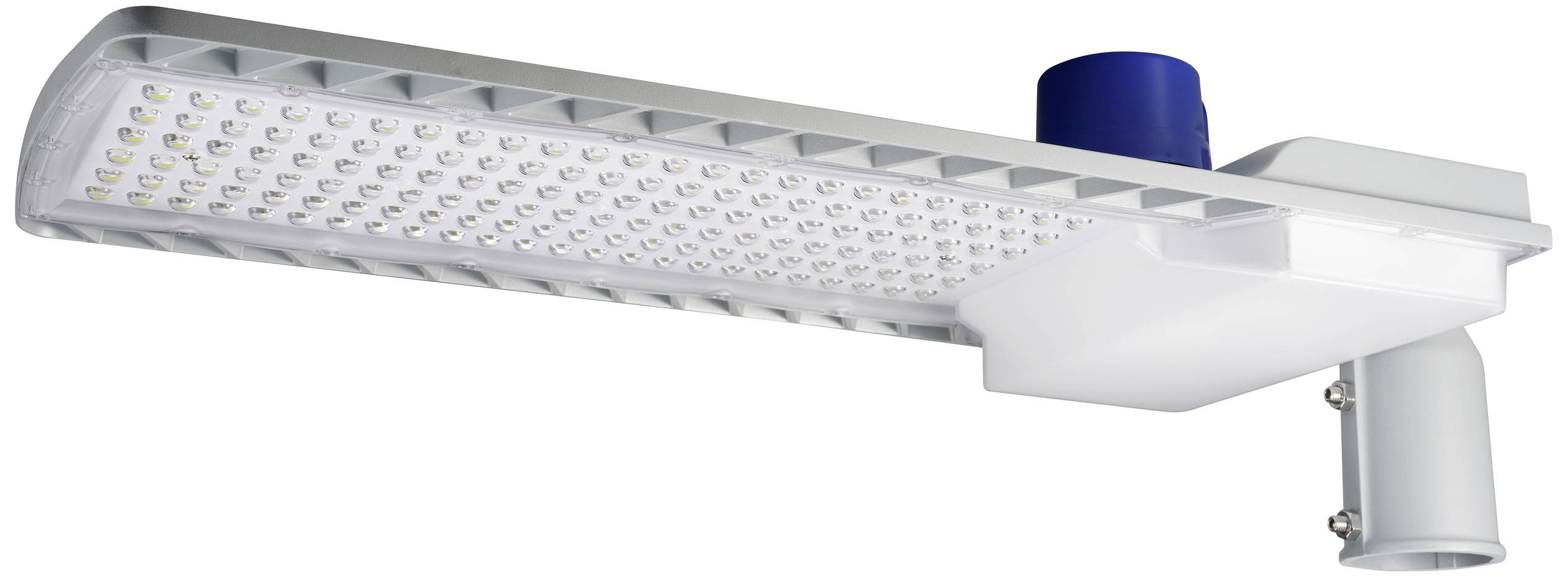 En rektangulär LED-gatubelysningsarmatur med många små lampor. En blå komponent är monterad ovanpå.