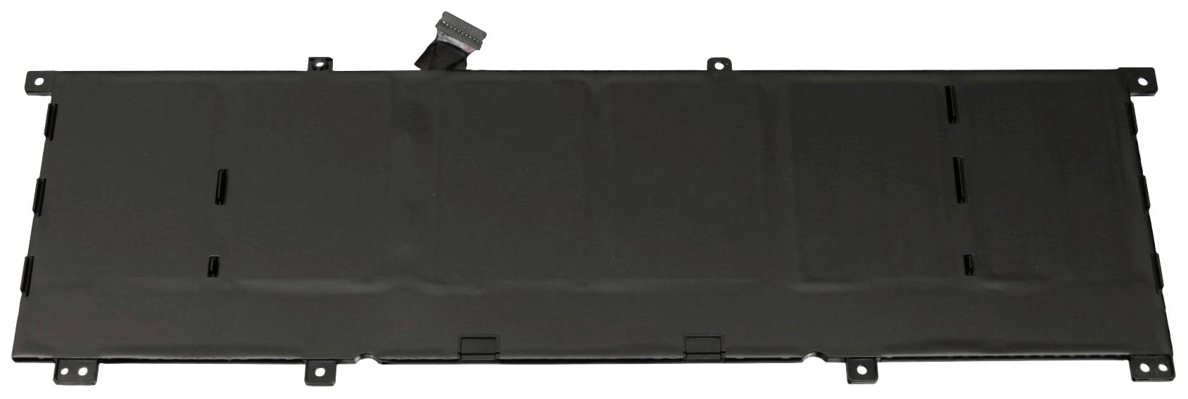 En rektangulär, svart bärbar datorns batterienhet med en liten kabelanslutning överst.