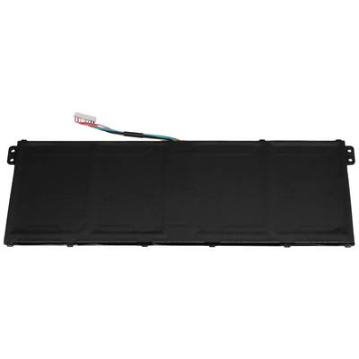 En rektangulär, svart laptopbatteri med en liten, mångfärgad anslutningskabel längst upp till vänster.