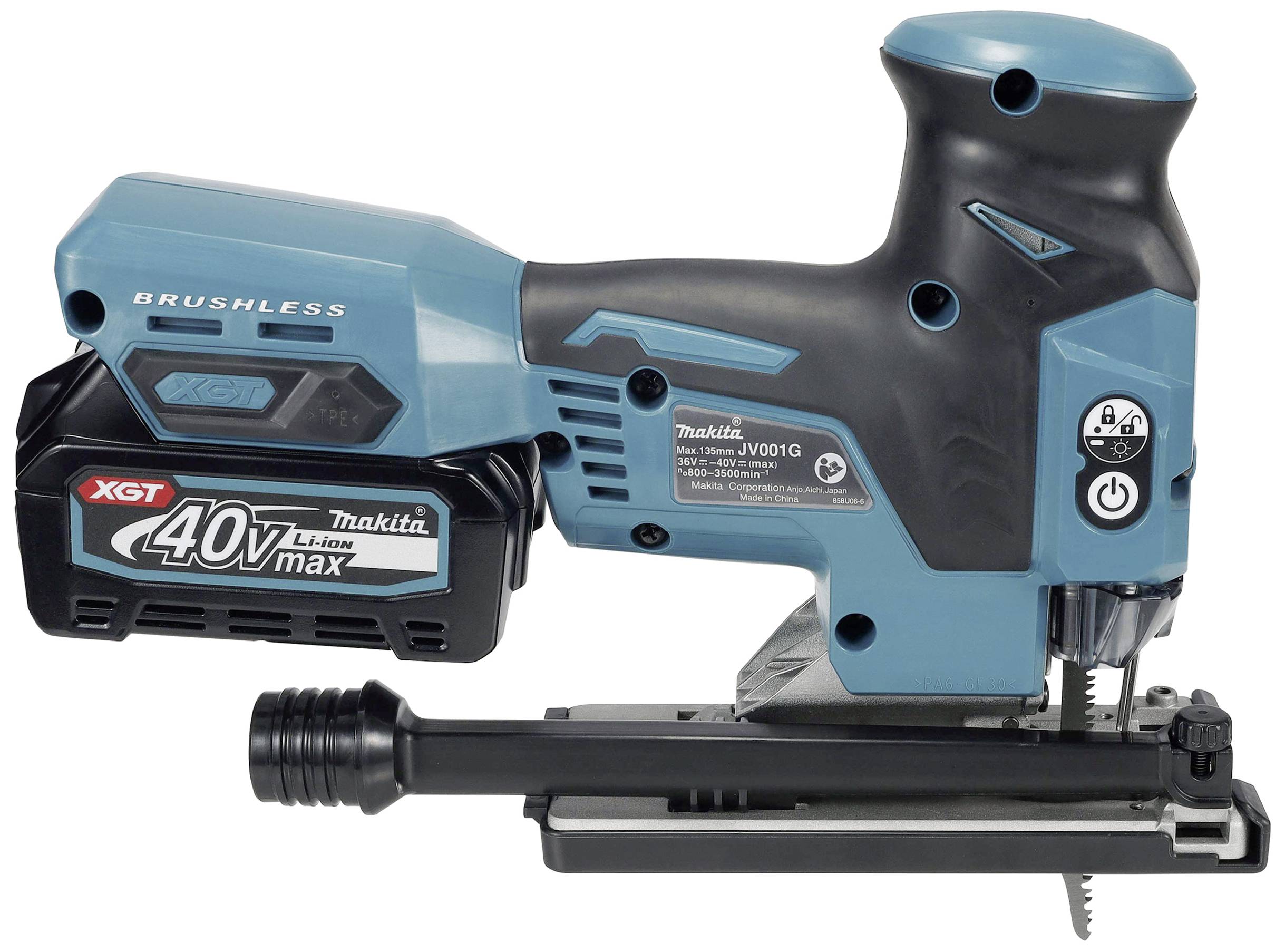 Akustisk såg med 40V-batteri från Makita, blå-svart, med borstlös motor, sidoknapp för varvtalsreglering.